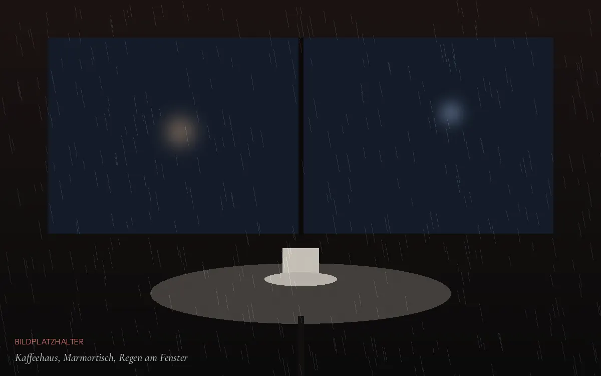 Bildplatzhalter: Wiener Kaffeehaus bei Nacht, Marmortisch mit einer Tasse, Regen am Fenster, keine Personen